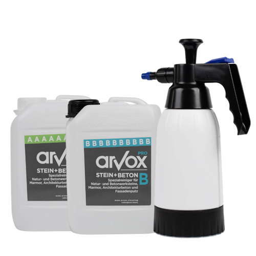 Arvox Pro Stein + Beton 2-Komponenten-Reiniger 2 x 2,5 Liter PROFISET inkl. Arvox Druckpumpzerstäuber