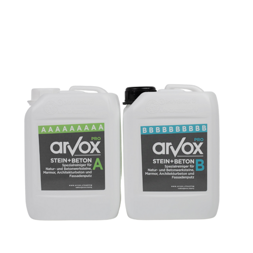 Arvox Pro Stein + Beton 2-Komponenten-Reiniger 2 x 2,5 Liter PROFISET inkl. Arvox Druckpumpzerstäuber